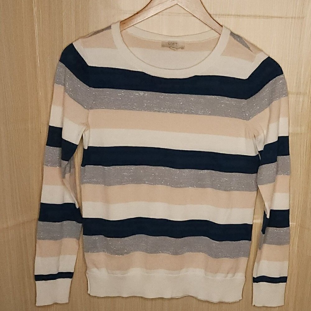 Loft Teal Pink Silver Striped Lightweight Sweater Small